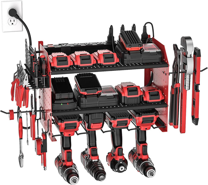 Load image into Gallery viewer, Power Tools Organizer Wall Mount, Cordless Drill Holder with 8-Outlet Power Strip, Modular Garage Organization Storage Rack 36 Months Warranty
