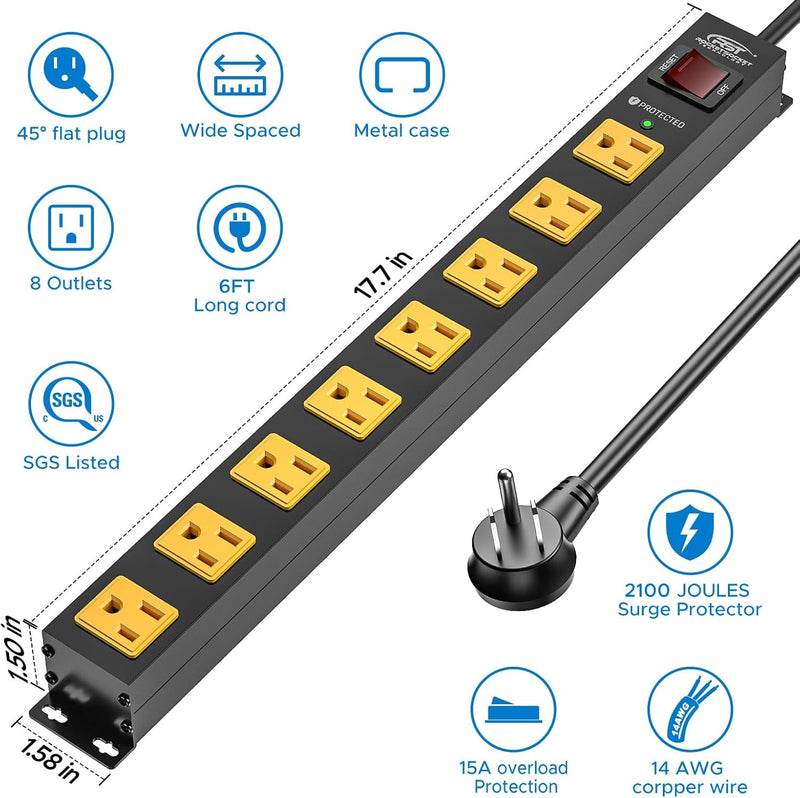 Load image into Gallery viewer, CRST 2-Pack 8-Outlet Heavy Duty Metal Power Strip, 2100J Surge, Mountable, SGS Certified
