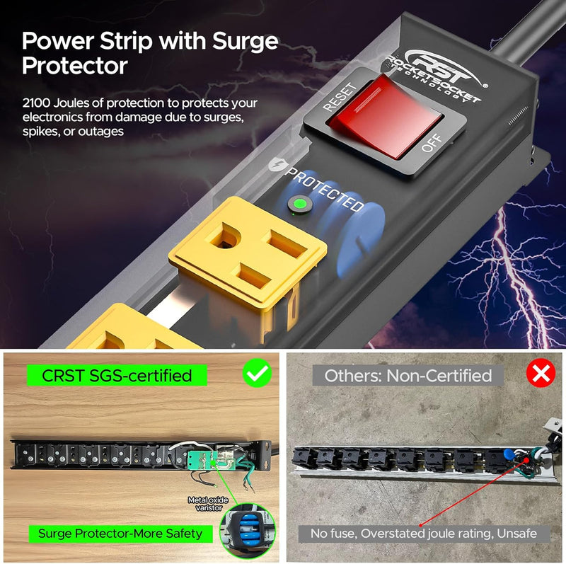 Load image into Gallery viewer, CRST 2-Pack 8-Outlet Heavy Duty Metal Power Strip, 2100J Surge, Mountable, SGS Certified
