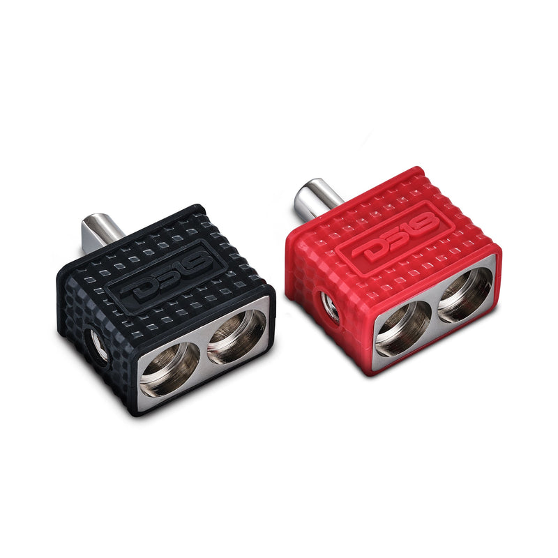 Load image into Gallery viewer, Dual 1/0-GA to 1/0-GA Amp Input Reducers with Offset Stub and Silicone Cover - BLACK/RED
