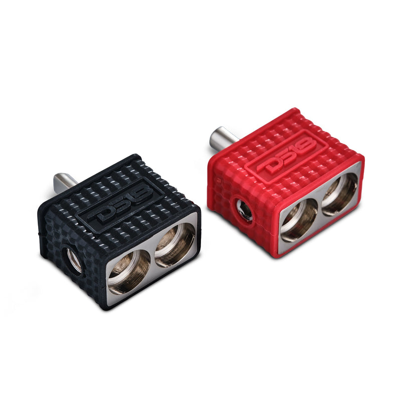 Load image into Gallery viewer, Dual 1/0-GA to 1/4-GA Amp Input Reducers with Offset Stub and Silicone Cover - BLACK/RED
