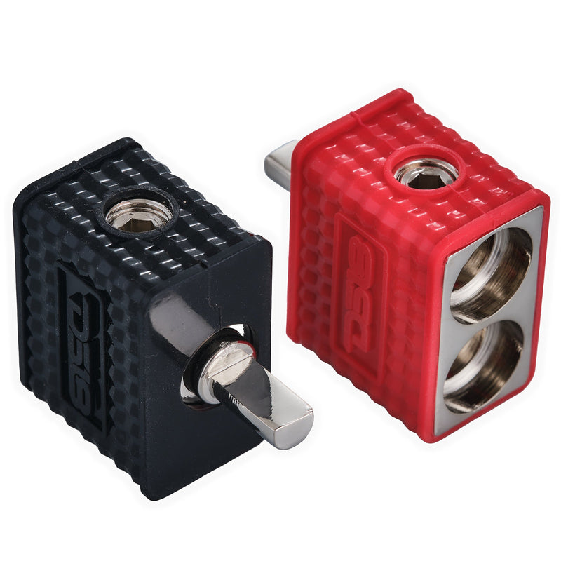 Load image into Gallery viewer, Dual 1/0-GA to 1/4-GA Amp Input Reducers with Offset Stub and Silicone Cover - BLACK/RED
