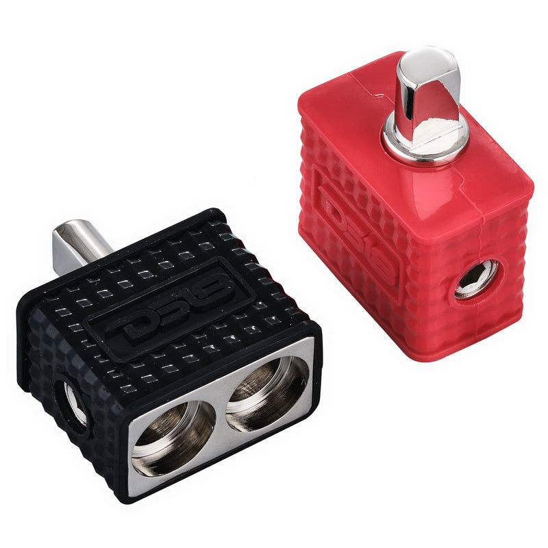 Load image into Gallery viewer, Dual 1/0-GA to 1/0-GA Amp Input Reducers with Offset Stub and Silicone Cover - BLACK/RED

