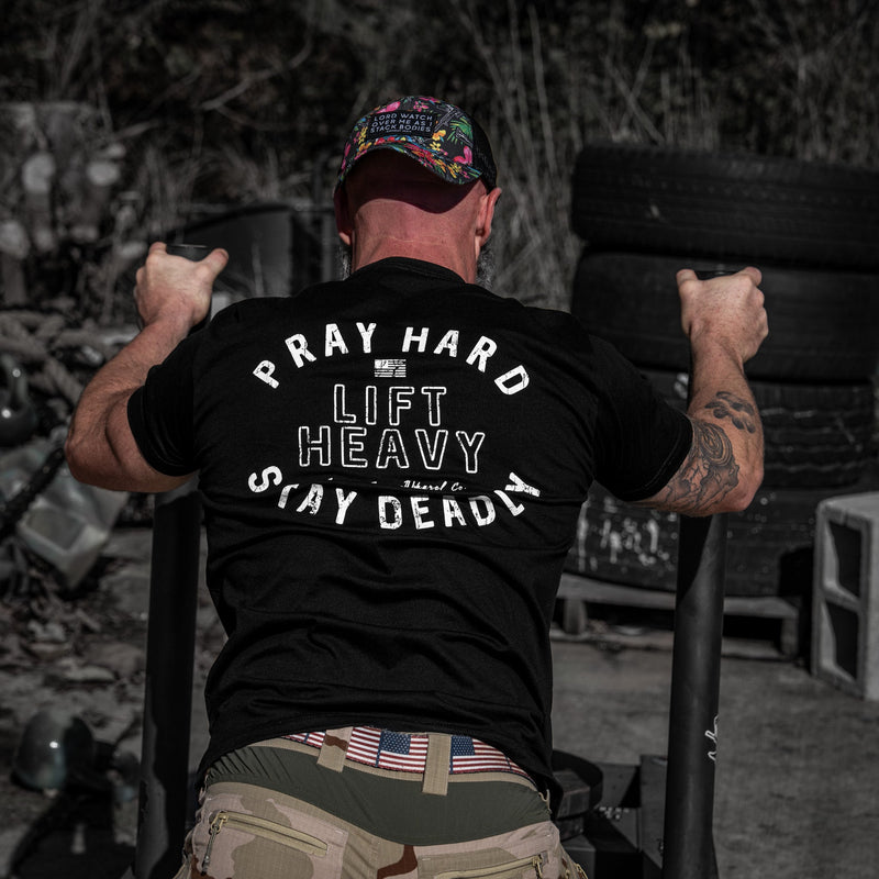 Load image into Gallery viewer, Pray Hard. Lift Heavy. Stay Deadly. Men's T-Shirt
