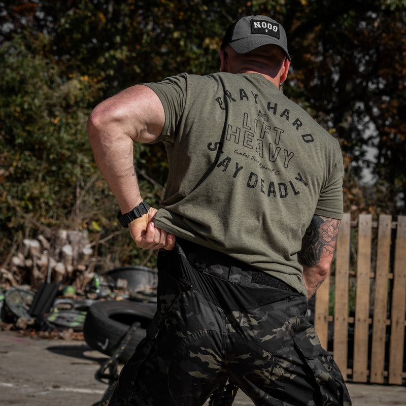 Load image into Gallery viewer, Pray Hard. Lift Heavy. Stay Deadly. Men's T-Shirt
