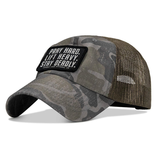 Pray Hard. Lift Heavy. Stay Deadly. Patch Tactical Ripstop Mesh Snapback Hat