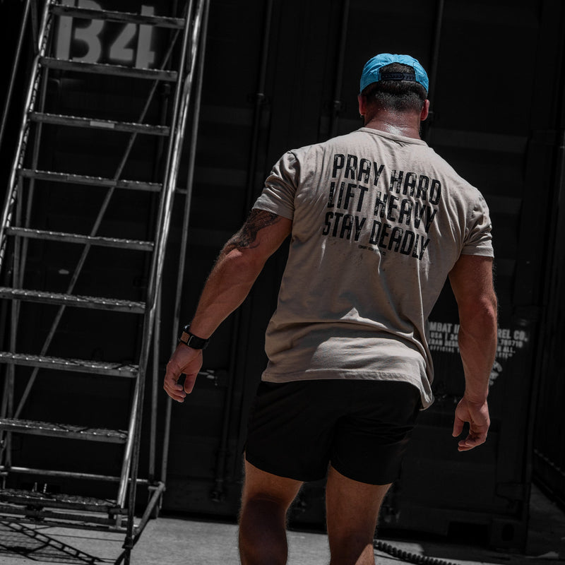 Load image into Gallery viewer, Pray Hard. Lift Heavy. Stay Deadly. V2 Men's T-Shirt
