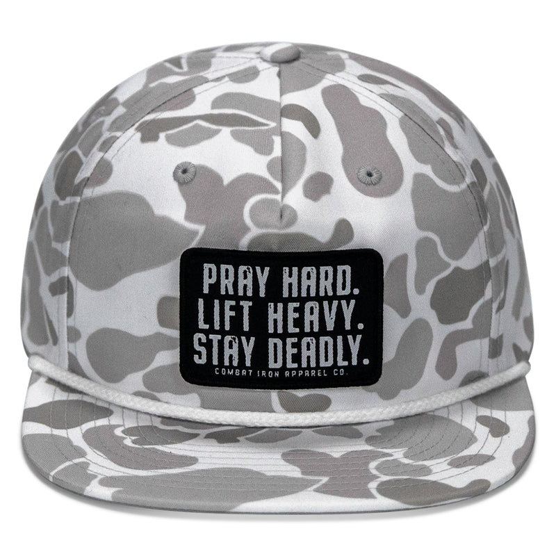 Load image into Gallery viewer, Pray Hard. Lift Heavy. Stay Deadly Patch Flatbill Hat
