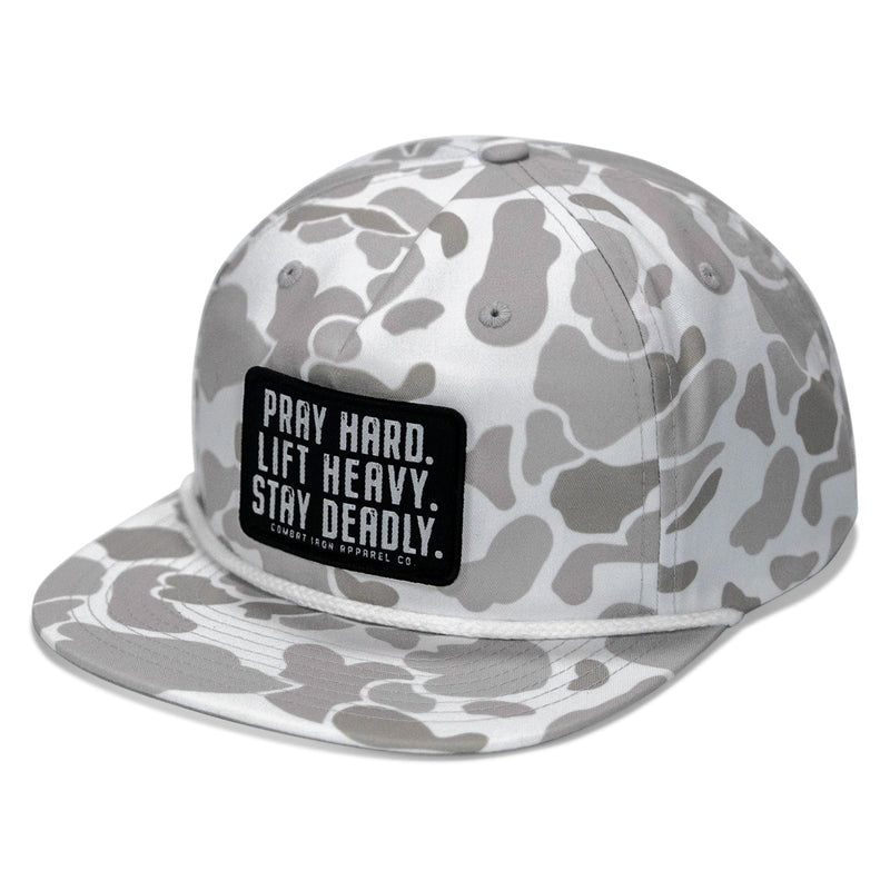 Load image into Gallery viewer, Pray Hard. Lift Heavy. Stay Deadly Patch Flatbill Hat
