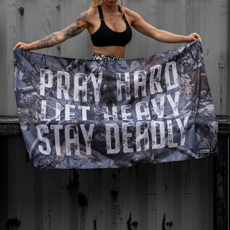 Load image into Gallery viewer, Pray Hard. Lift Heavy. Stay Deadly. 3' x 5' Flag
