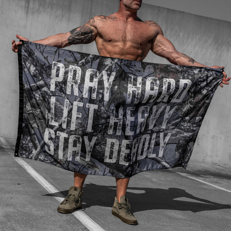 Load image into Gallery viewer, Pray Hard. Lift Heavy. Stay Deadly. 3' x 5' Flag

