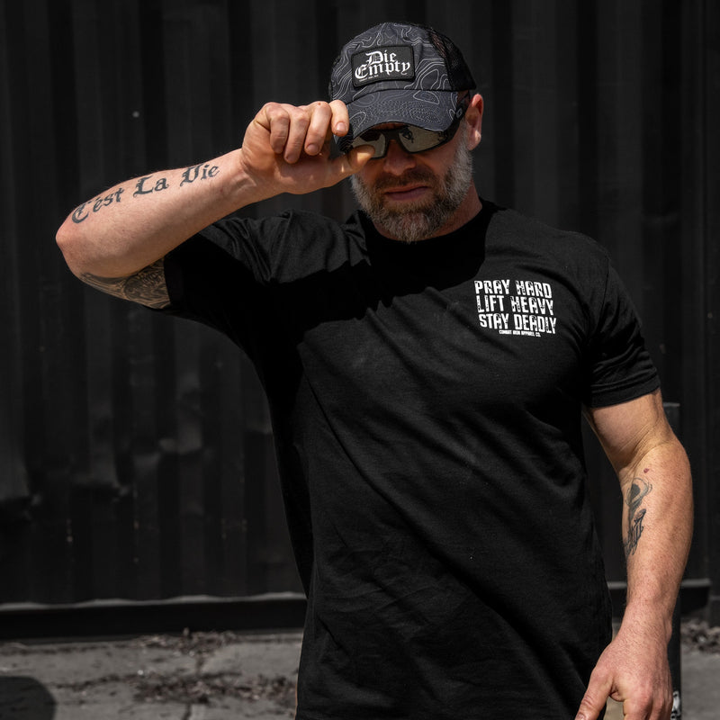 Load image into Gallery viewer, Pray Hard. Lift Heavy. Stay Deadly. V2 Men's T-Shirt
