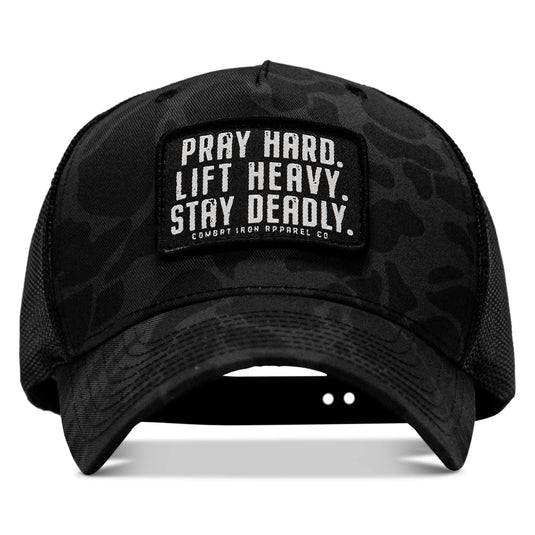 Pray Hard. Lift Heavy. Stay Deadly. Patch Snapback