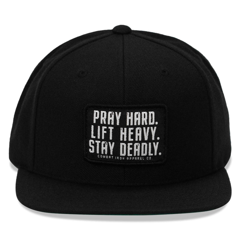 Load image into Gallery viewer, Pray Hard. Lift Heavy. Stay Deadly. Flat Bill SnapBack Hat

