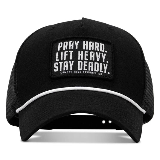 Pray Hard. Lift Heavy. Stay Deadly. Patch Rope Snapback Hat