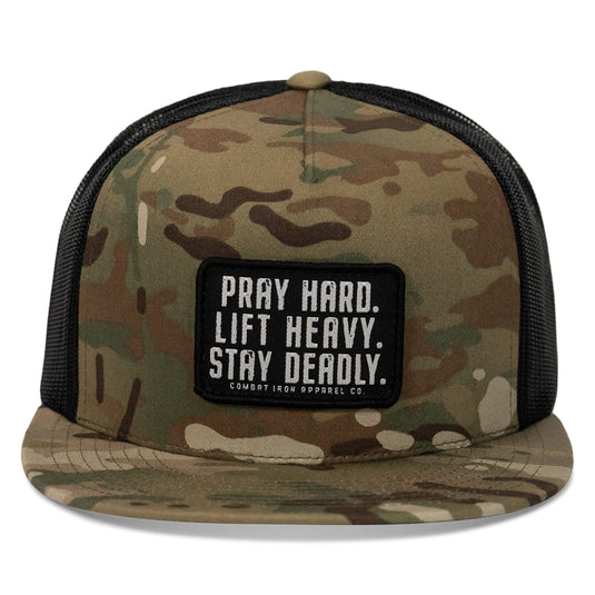 Pray Hard. Lift Heavy. Stay Deadly. Flat Bill SnapBack Hat