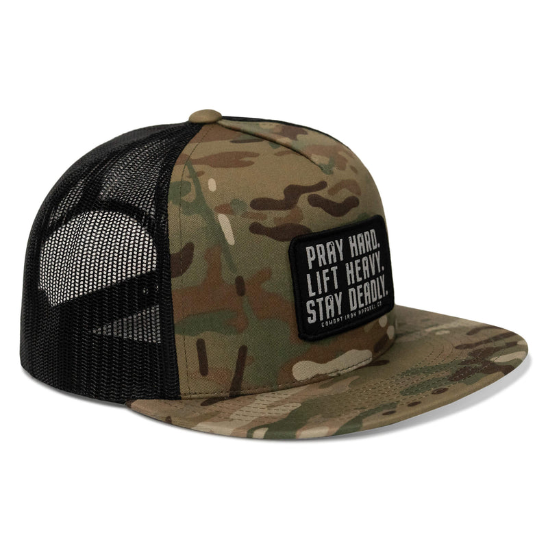 Load image into Gallery viewer, Pray Hard. Lift Heavy. Stay Deadly. Flat Bill SnapBack Hat

