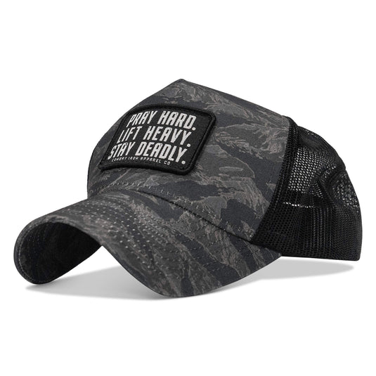 Pray Hard. Lift Heavy. Stay Deadly. Patch Five Panel Breacher Snapback Hat