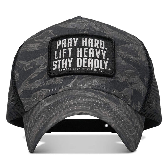 Pray Hard. Lift Heavy. Stay Deadly. Patch Five Panel Breacher Snapback Hat