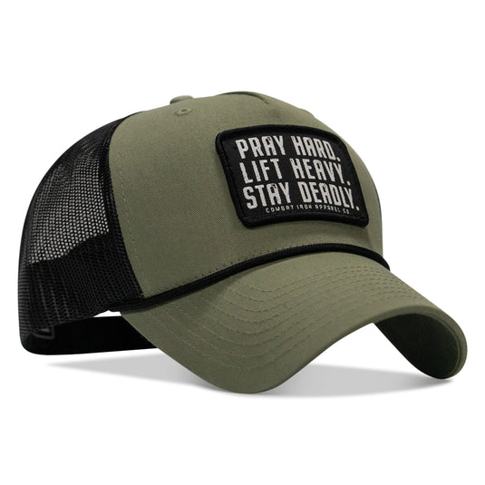 Pray Hard. Lift Heavy. Stay Deadly. Patch Rope Snapback Hat