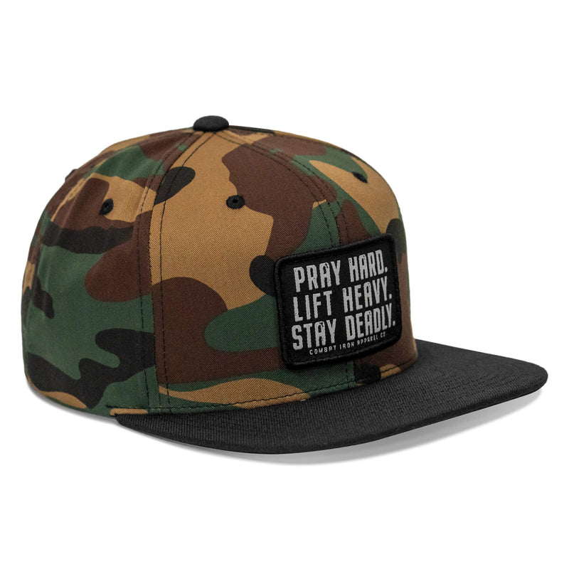 Load image into Gallery viewer, Pray Hard. Lift Heavy. Stay Deadly. Flat Bill SnapBack Hat
