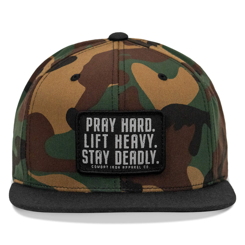 Load image into Gallery viewer, Pray Hard. Lift Heavy. Stay Deadly. Flat Bill SnapBack Hat
