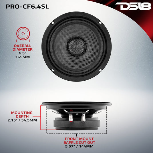 DS18 PRO 6.5” Shallow Mid-Bass Loudspeaker with Carbon Fiber Water-Resistant Cone | 250W RMS 4-Ohm