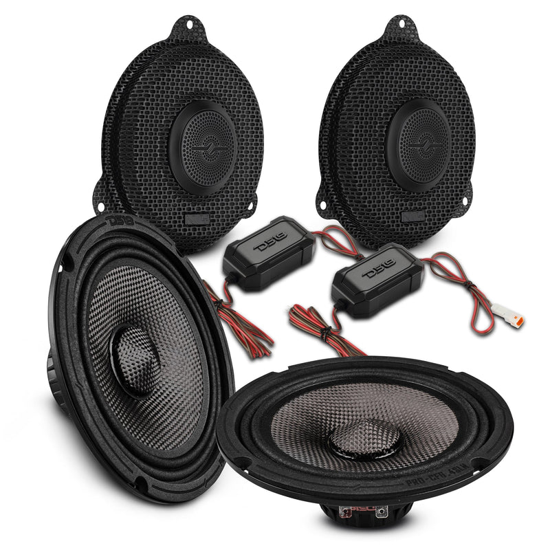 Load image into Gallery viewer, Harley-Davidson Street Glide 2014–2023 Front Stage Audio Upgrade Kit | 6.5" Slim Midrange Speakers + Bullet Tweeter NVY Grilles
