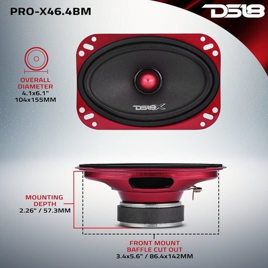 PRO-X 4x6” Mid-Range Loudspeaker with Bullet | 100W RMS 4-Ohm
