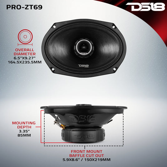 PRO-ZT 6x9" Coaxial Mid-Range Loudspeaker with Water Resistant Cone Built-in Bullet Tweeter and Grill | 275W RMS 4-Ohm