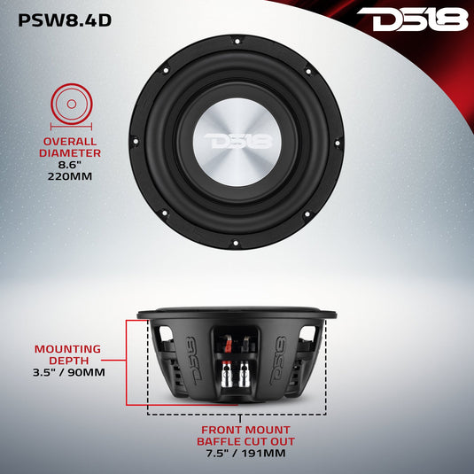PS Shallow-Mount Water-Resistant 8" Subwoofer | 400W RMS DVC 4-Ohm