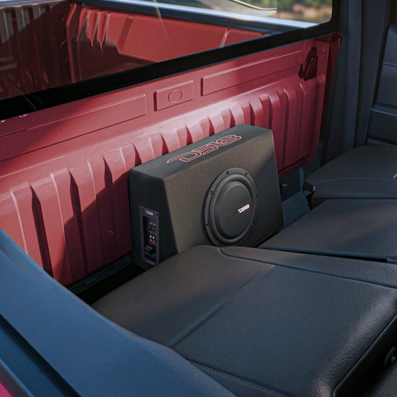Load image into Gallery viewer, 10” Amplified Shallow Subwoofer Enclosure for Pickup Trucks
