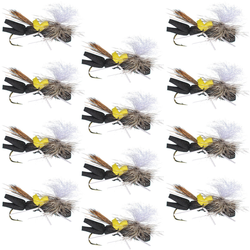 Load image into Gallery viewer, Parachute Chernobyl Ant Black Yellow Top Foam Body Grasshopper Fly 1 Dozen Flies Hook Size 10
