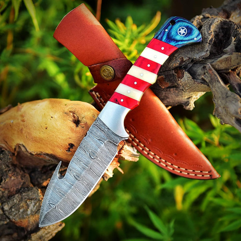 Load image into Gallery viewer, Custom Handmade Damascus Skinning Knife with American Flag Handle
