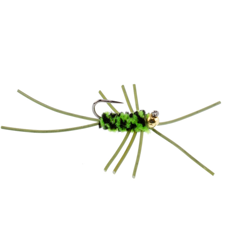 Load image into Gallery viewer, Barbless Pat's Rubber Legs Tungsten Bead Jigged Black/Chartreuse Euro Nymph  - Set of 6 Flies Hook Size 10
