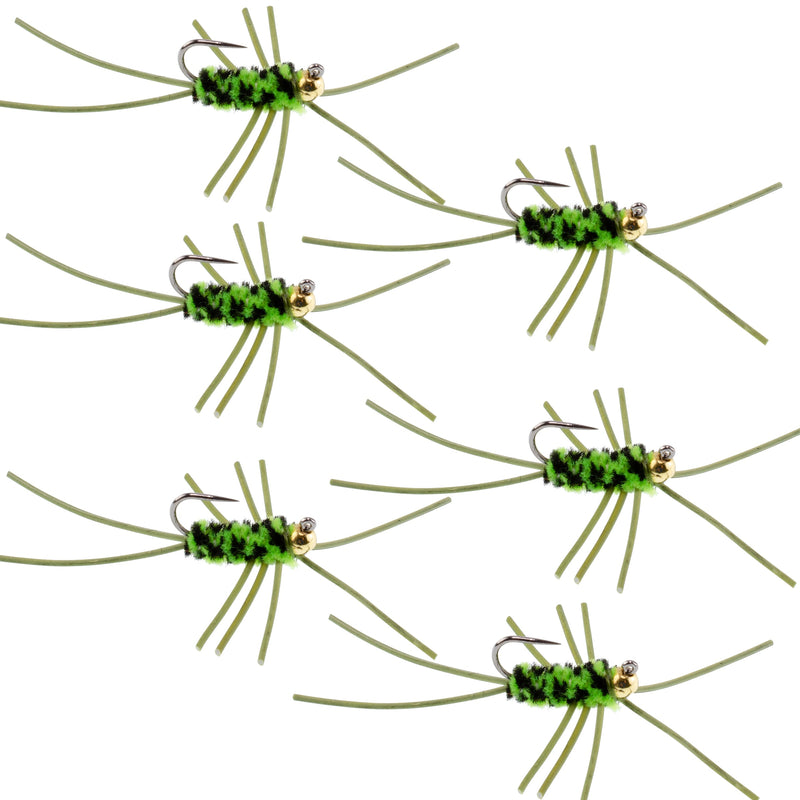 Load image into Gallery viewer, Barbless Pat's Rubber Legs Tungsten Bead Jigged Black/Chartreuse Euro Nymph  - Set of 6 Flies Hook Size 10
