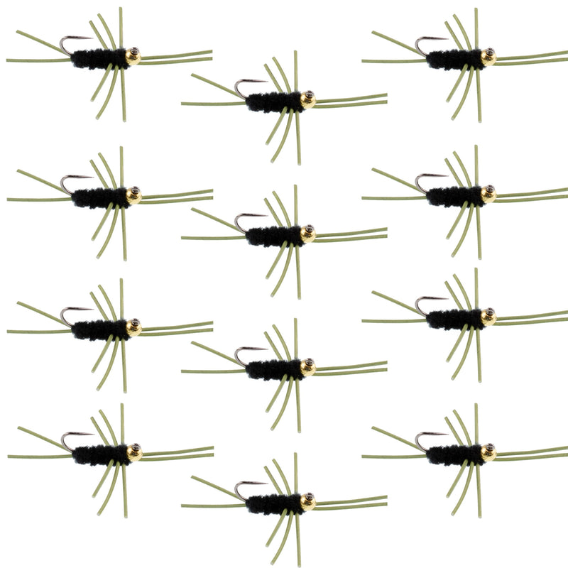 Load image into Gallery viewer, Barbless Pat's Rubber Legs Tungsten Bead Jigged Black Euro Nymph  - Set of 12 Flies Hook Size 10
