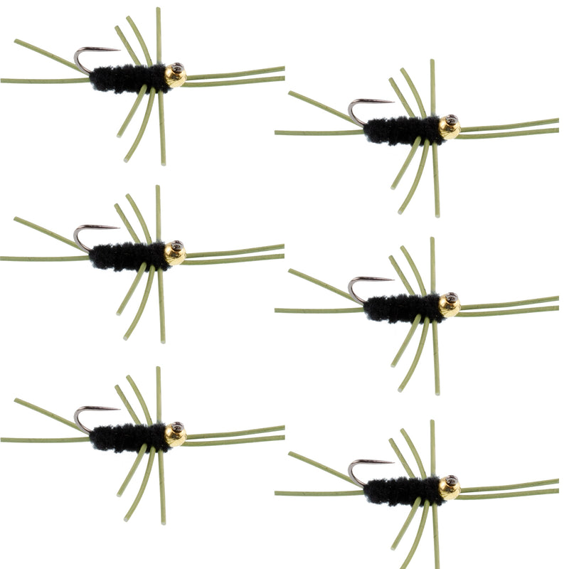 Load image into Gallery viewer, Barbless Pat's Rubber Legs Tungsten Bead Jigged Black Euro Nymph  - Set of 6 Flies Hook Size 10
