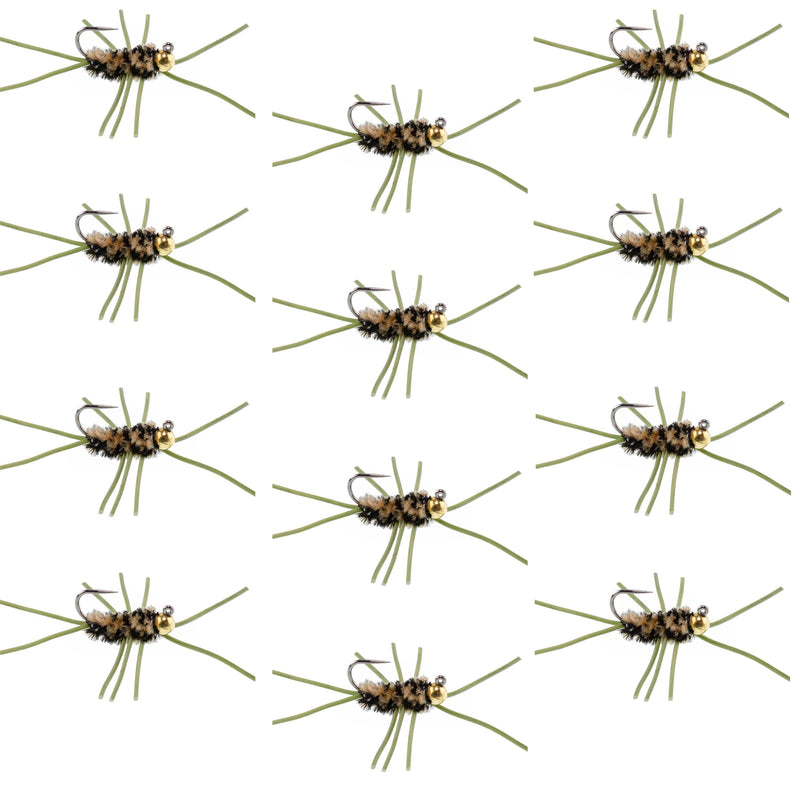 Load image into Gallery viewer, Barbless Pat's Rubber Legs Tungsten Bead Jigged Coffee/Black Euro Nymph  - Set of 12 Flies Hook Size 10
