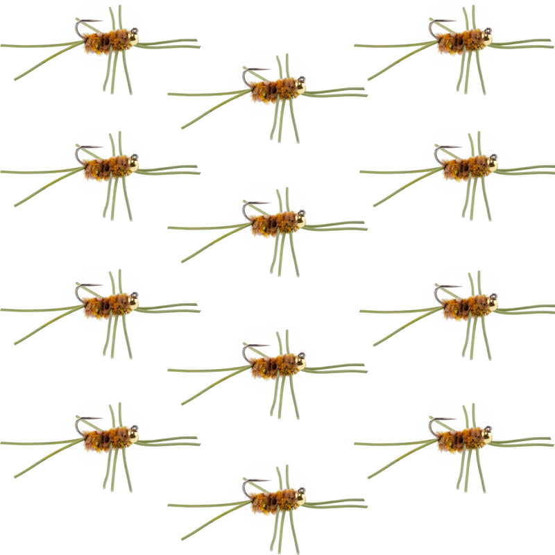 Load image into Gallery viewer, Barbless Pat's Rubber Legs Tungsten Bead Jigged Coffee/Tan Euro Nymph  - Set of 12 Flies Hook Size 10
