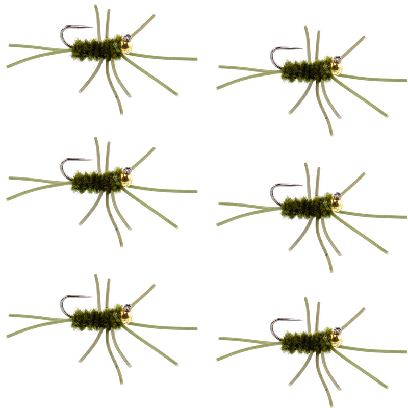 Load image into Gallery viewer, Barbless Pat's Rubber Legs Tungsten Bead Jigged Dark Olive Euro Nymph  - Set of 6 Flies Hook Size 10
