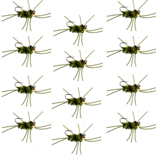 Pat's Rubber Legs Tungsten Jig Black/Olive Euro Nymph 12 Flies Size 10