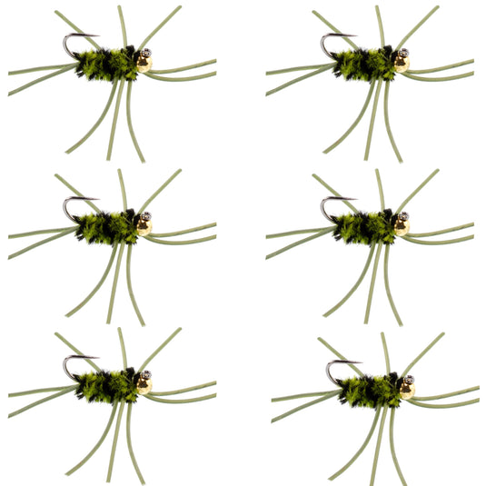 Barbless Pat's Rubber Legs Tungsten Bead Jigged  Olive/Black Euro Nymph  - Set of 6 Flies Hook Size 10