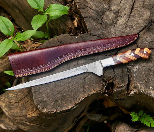 Handmade Damascus Fillet Knife 8” – Rosewood & Olive Wood Handle with Leather Sheath