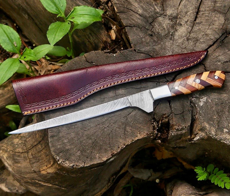 Load image into Gallery viewer, Handmade Damascus Fillet Knife 8” – Rosewood &amp; Olive Wood Handle with Leather Sheath
