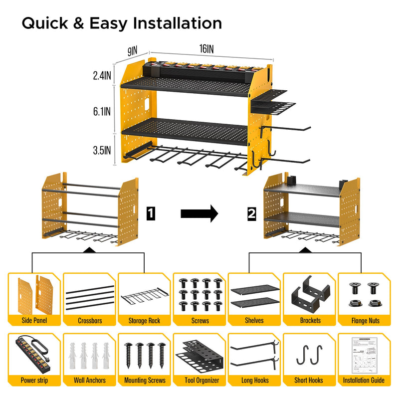 Load image into Gallery viewer, 3 Layers Power Tools Organizer Wall Mount with Charging Station, Garage Tool Storage Rack Shelf with 8-Outlet Individual Switches Power Strip
