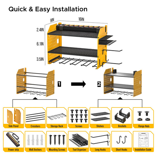3 Layers Power Tools Organizer Wall Mount with Charging Station, Garage Tool Storage Rack Shelf with 8-Outlet Individual Switches Power Strip