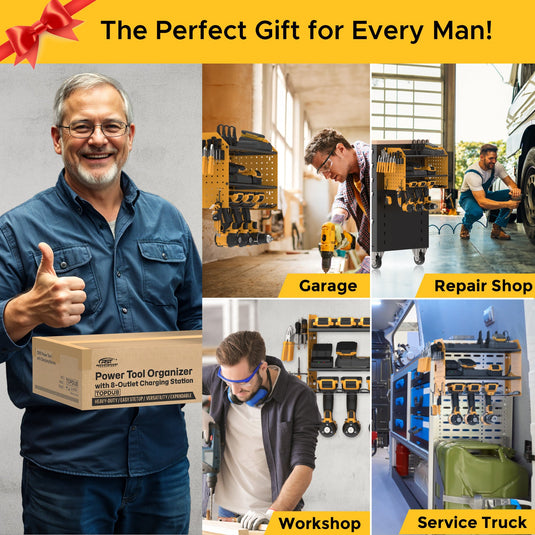 3 Layers Power Tools Organizer Wall Mount with Charging Station, Garage Tool Storage Rack Shelf with 8-Outlet Individual Switches Power Strip