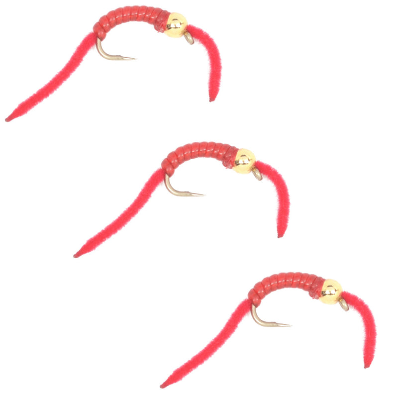 Load image into Gallery viewer, 3 Pack San Juan Power Worm Gold Bead Head Red V-Rib - Hook Size 10
