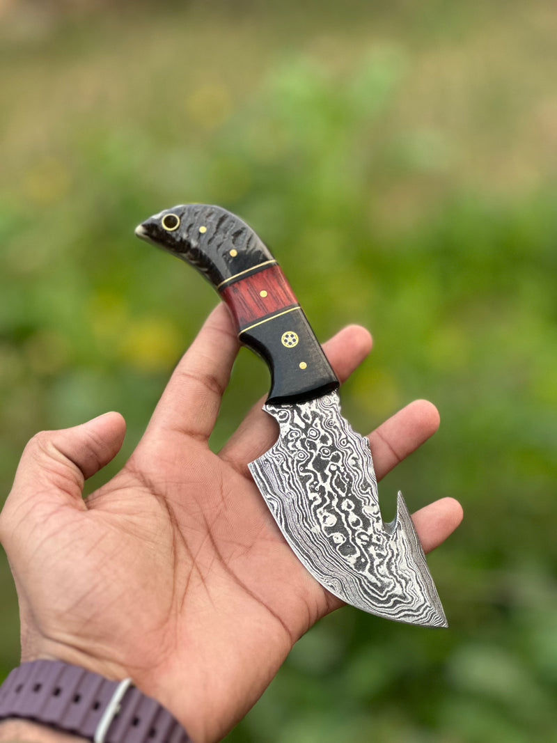 Load image into Gallery viewer, Premium Custom Handmade Damascus Steel Guthook Skinning Knife with Resin Handle - 7.5” Sharp Blade with Leather Sheath
